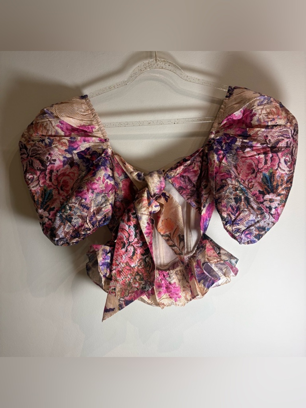 HEMANT AND NANDITA Leah Top Salmon Pink Floral Brocade Puff Sleeve Corset Small - Picture 8 of 10